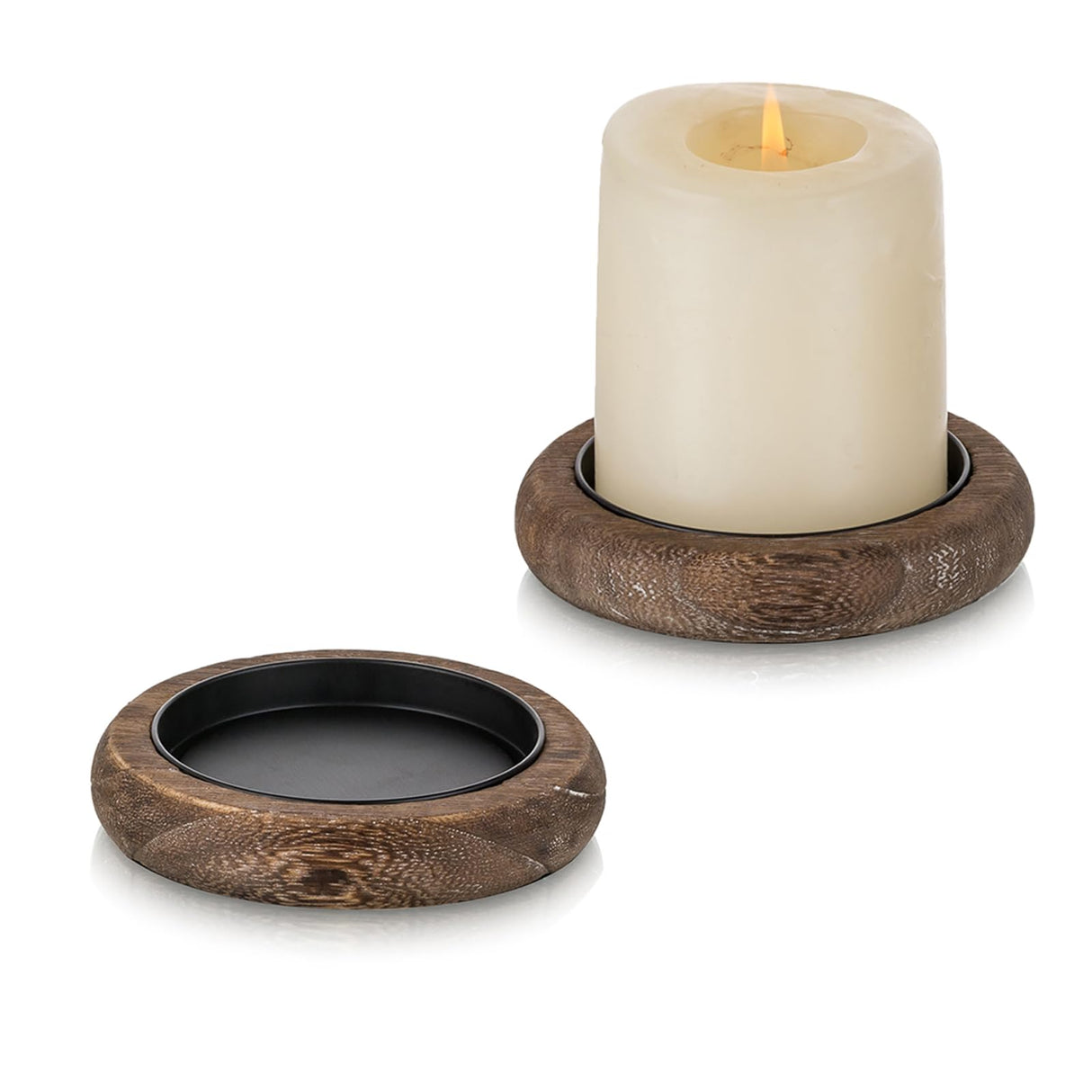 Romadedi Wood Candle Holder Farmhouse Decor - Pillar Candle Holders for Table Centerpiece Small Tray Riser Set of 2 Round Wooden Plate Pedestal Stand for Coffee Table Home Living Room, Brown Romadedi