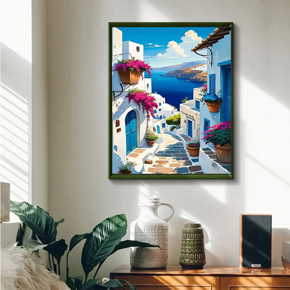 JUJUHOOD Sunset Santorini Paint by Numbers Kit for Adults,Landscape Adult Paint by Number Kits,Adult Paint by Number Canvas with Paintbrushes and Acrylic Pigment 16x20 inch JUJUHOOD