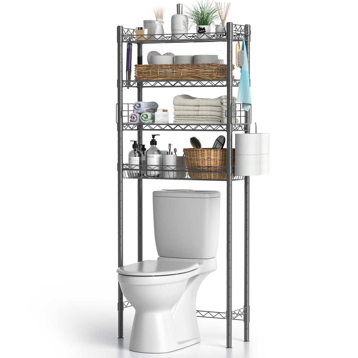 Hodonas 4-Tier Toilet Shelf Storage, Bathroom Organizer Shelves Over Toilet Storage, Above Toilet Tack Free Standing Bathroom Space Saver with Adjustable Basket and Shelves, Gray Hodonas