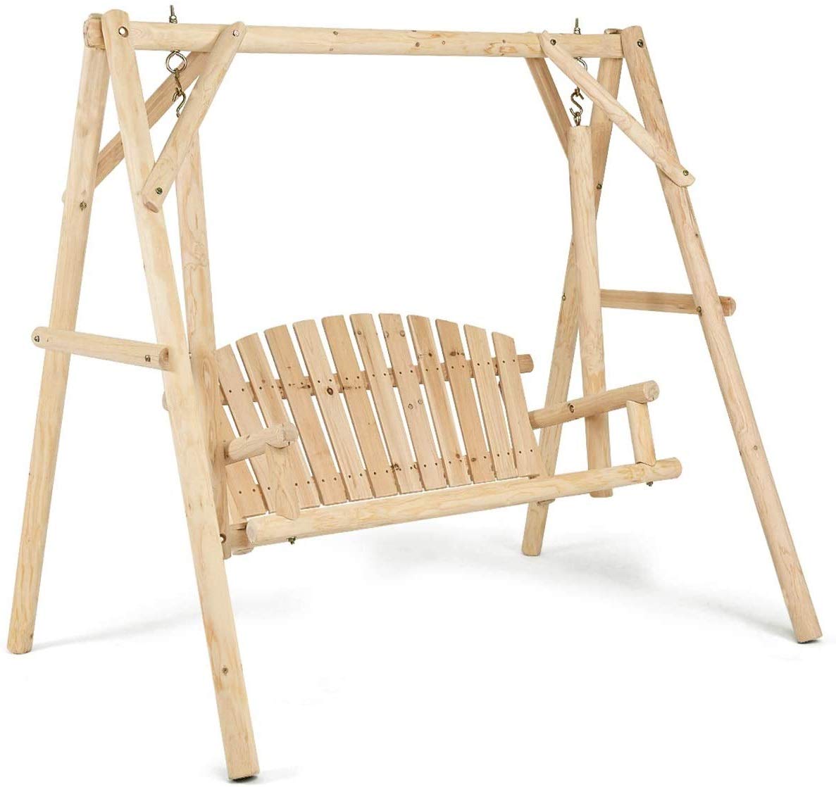 S AFSTAR Porch Swing, Outdoor Wooden Swing with A-Frame for 2 Person, Rustic Hardwood Swing Chair for Patio Garden Yard, 6.5' Wooden Swing Bench for Adult Senior Toddler, Natural S AFSTAR