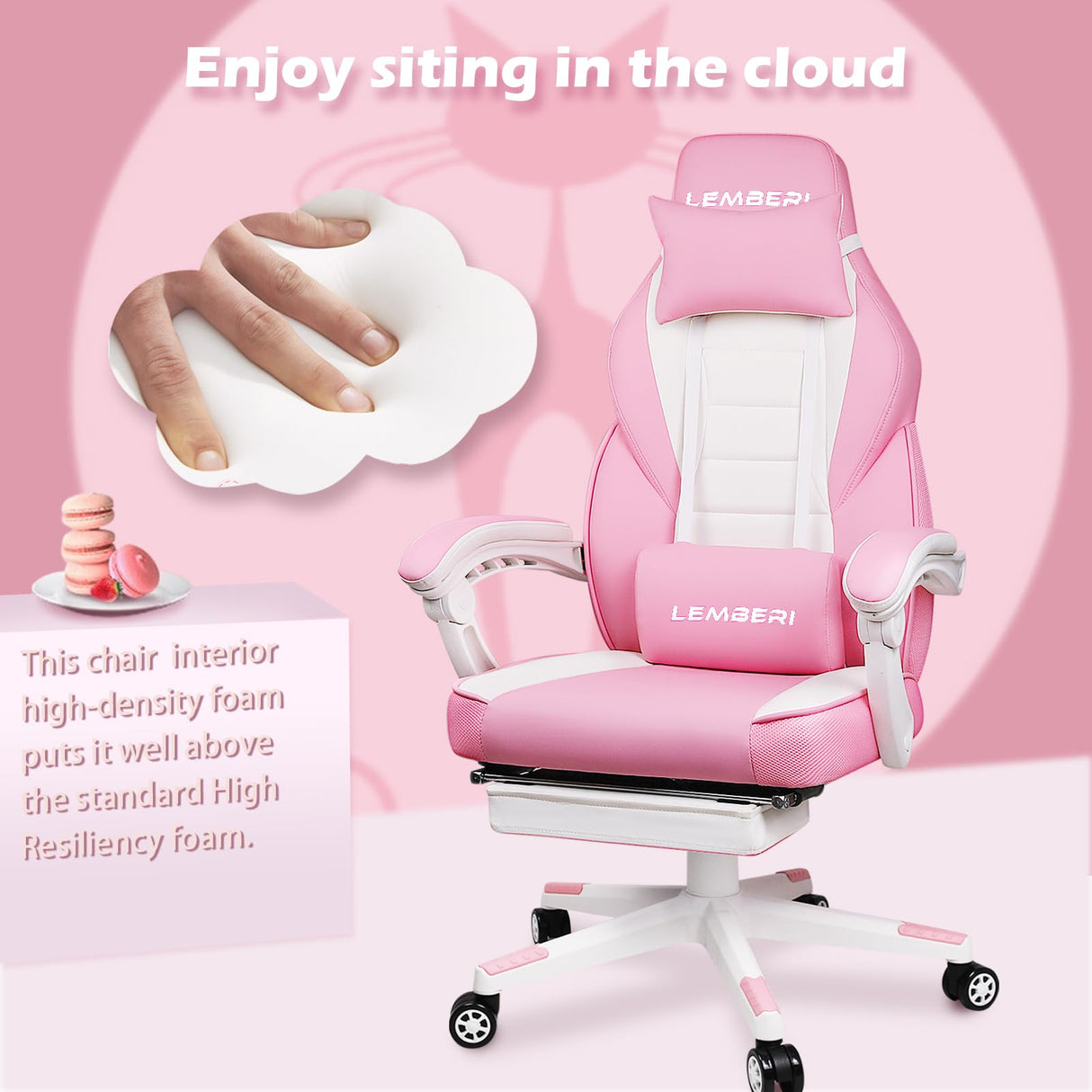 LEMBERI Pink Gaming Chair with footrest, Kawaii Cute Pink Gamer Chair for Girl,Girls Video Game Chairs,Computer Gaming Chair with Headrest and Lumbar Support LEMBERI