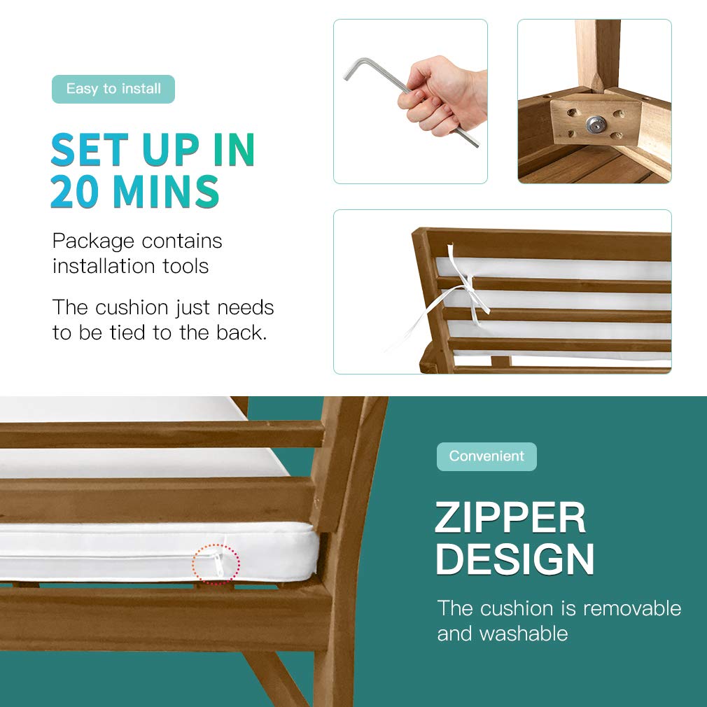 3-Piece Acacia Wood Patio Bistro Set Patio Furniture Outdoor Chat Conversation Table Chair Set Outdoor Wood Chat Set with Water Resistant Cushions and Coffee Table Chairs for Beach Backyard Garden FDW