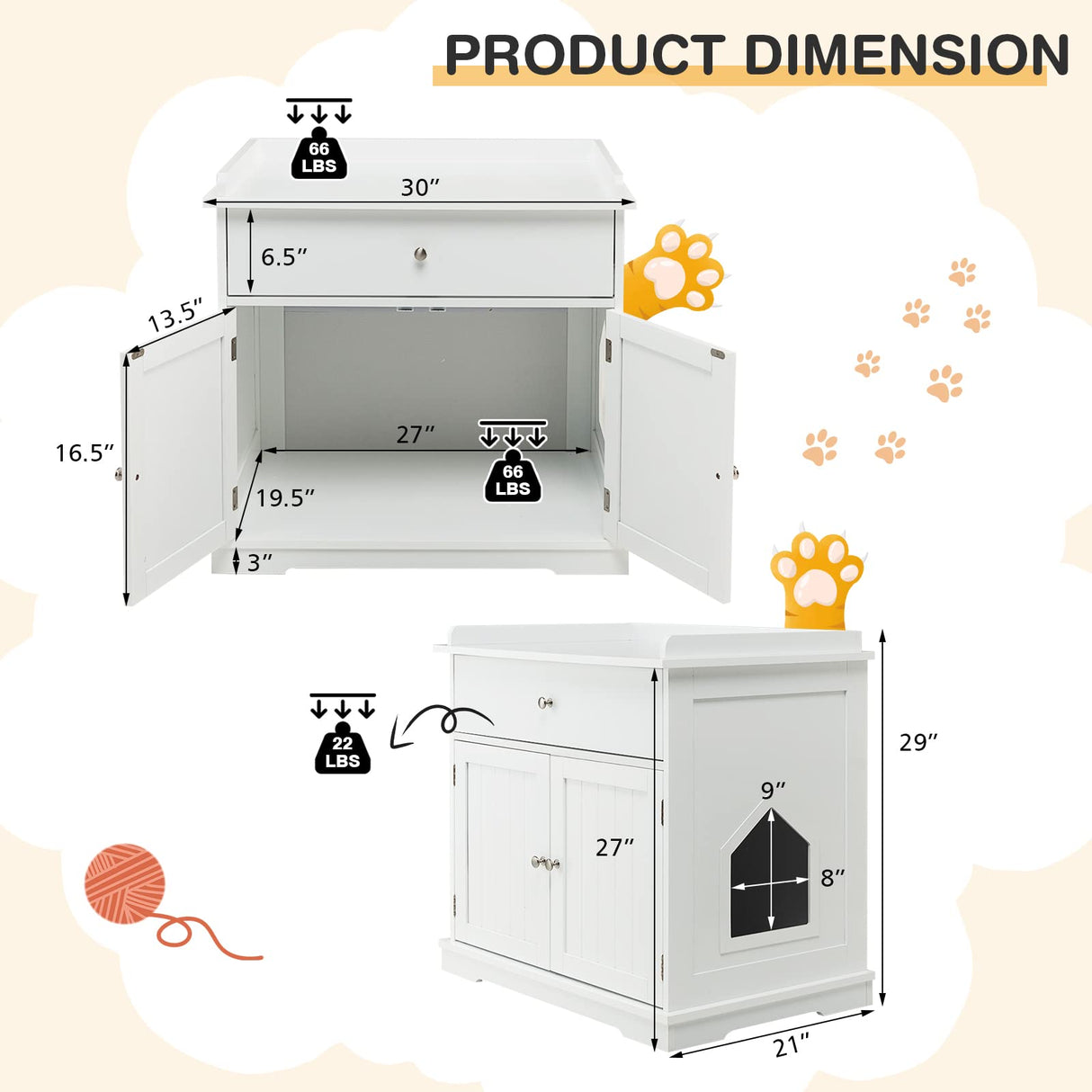 Tangkula Litter Box Enclosure, Cat Litter Box Furniture Hidden with Large Drawer, 2 Doors, Indoor Cat Washroom Storage Bench Side Table Cat House, Large Wooden Enclosed Litter Box Cabinet (White) Tangkula