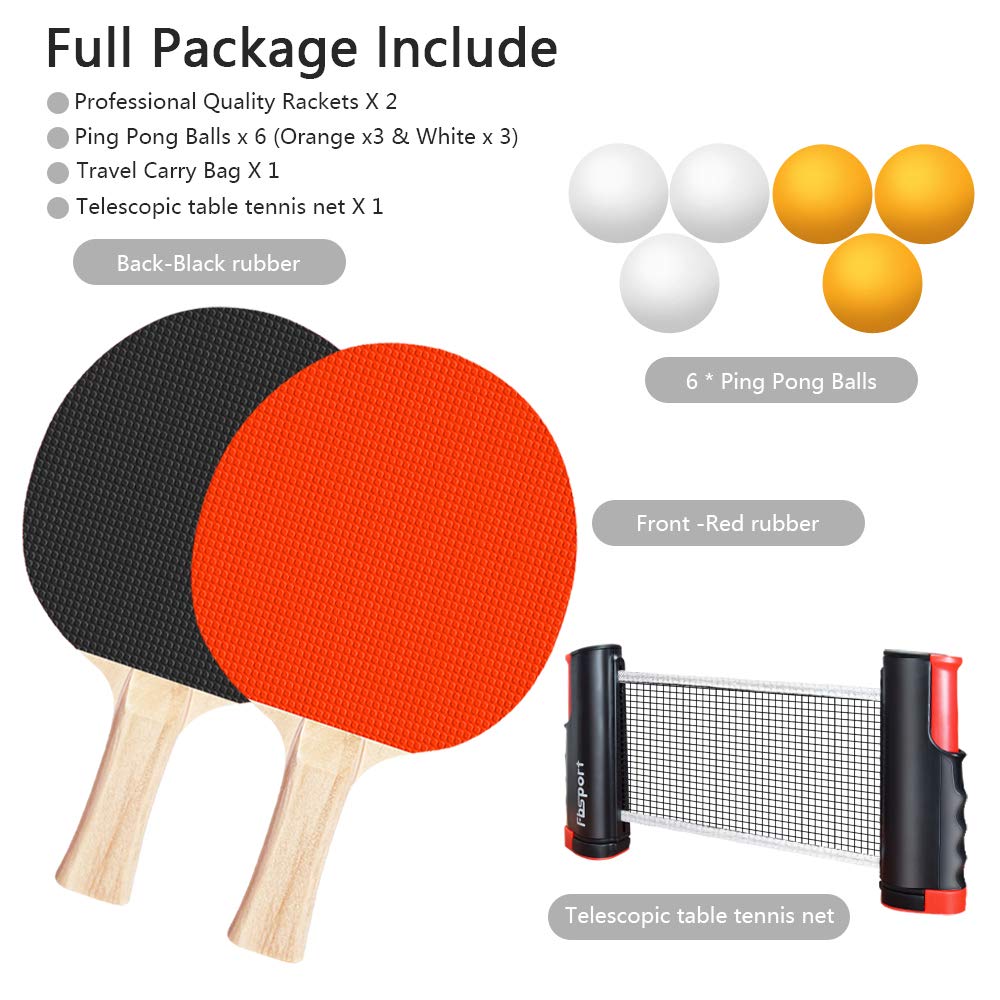 FBSPORT Ping Pong Paddle Set, Portable Table Tennis Set with Retractable Net, 2 Rackets, 6 Balls and Carry Bag for Children Adult Indoor/Outdoor Games FBSPORT