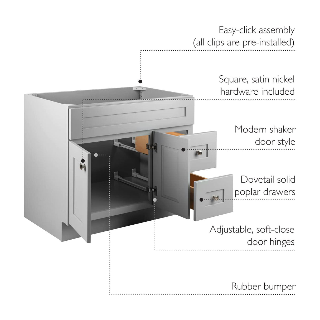 Design House 587097 Bath Unassembled Modern 2-Door 2-Drawer Bathroom Shaker Vanity Cabinet Only, 36 x 21,Grey Design House