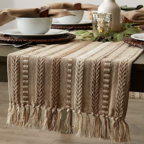 DII Farmhouse Braided Stripe Table Runner Collection, 15x72 (15x77, Fringe Included), Stone DII