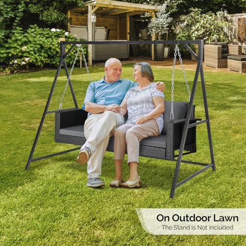 VINGLI Heavy Duty 800 LBS Wicker Hanging Porch Swing with Cushions & Chains, 5FT Outdoor Rattan Swing Bench for Garden, Yard, Lawn (Black) VINGLI