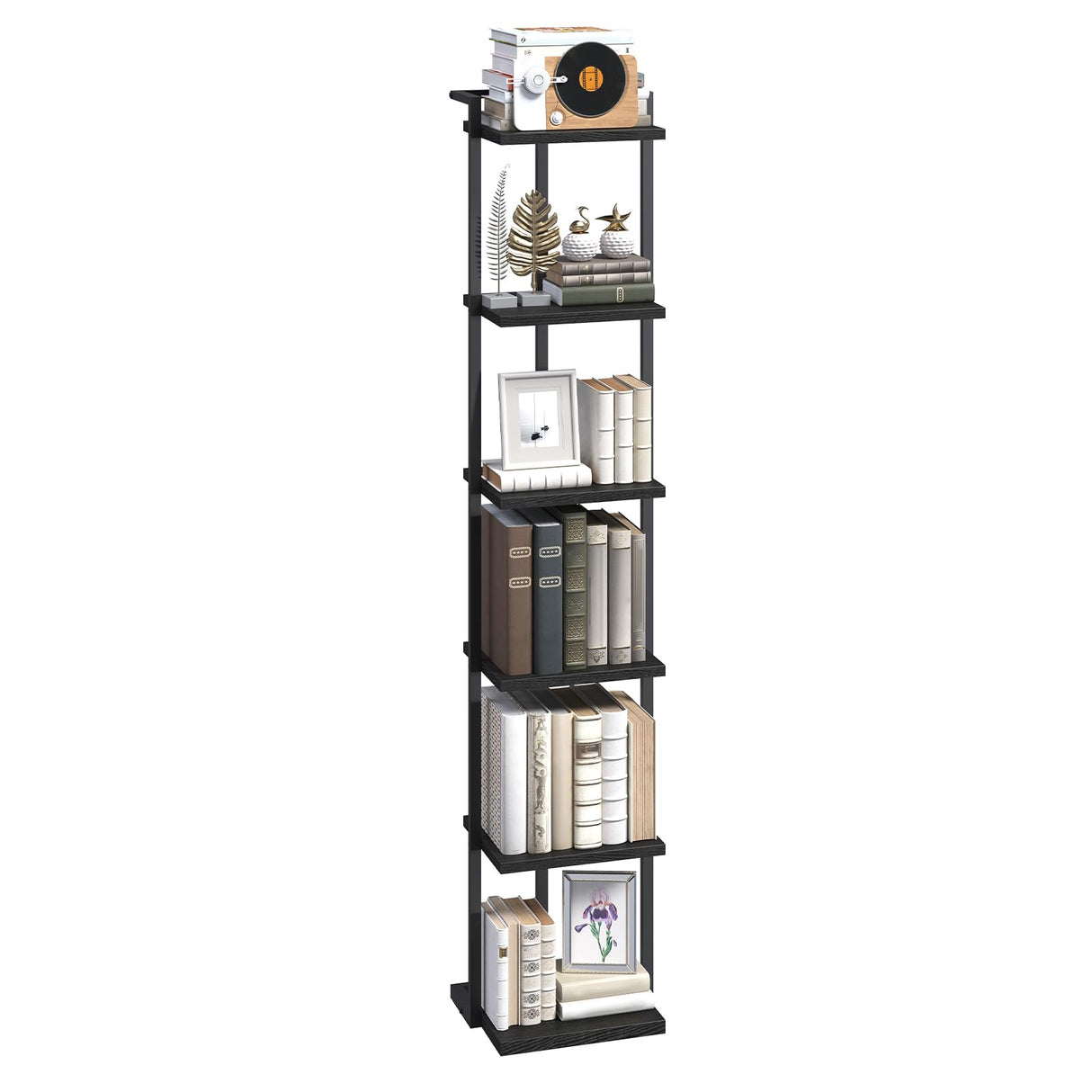 MAHANCRIS Bookshelf, 6-Tier Bookcase, Vertical Tall Narrow Book Shelf for Small Space, Open Storage Display Shelf with Stable Base & Anti-Tip Kits, for Living Room, Office, Study, Black BKBK11601 MAHANCRIS