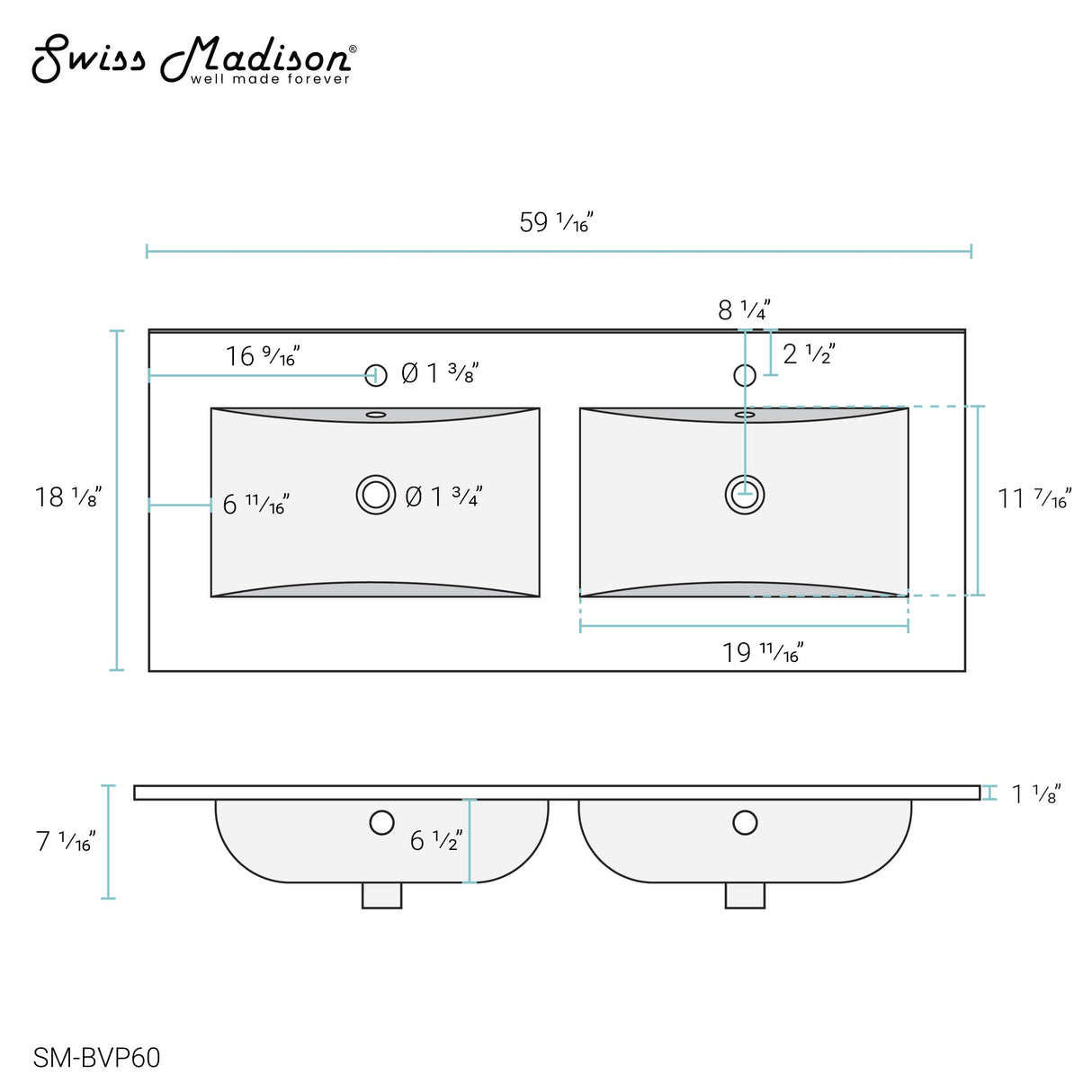 60" Vanity Top Bathroom Sink Swiss Madison