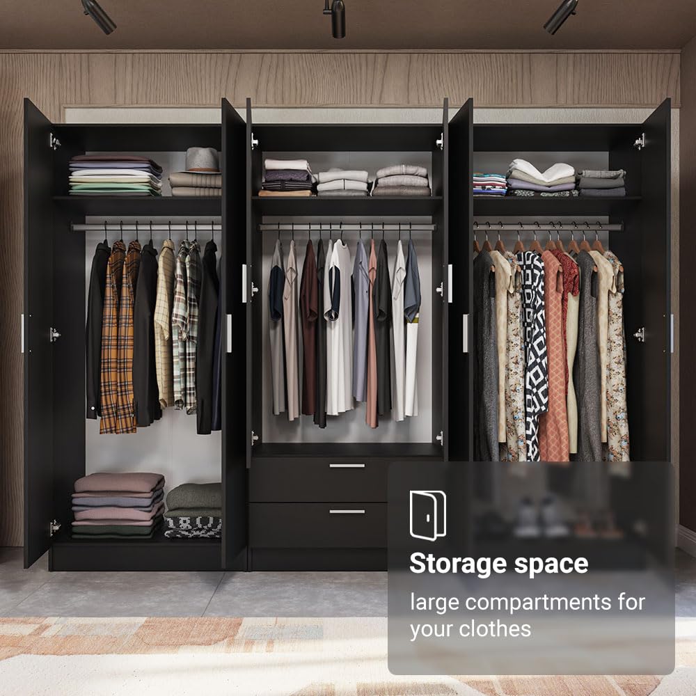 Madesa 6 Doors 2 Drawers Wardrobe Set Armoire Closet Bedroom Storage Cabinet with Shelves and Hanging Space 94" L Wooden Clothing Organizer Unit (Black) Madesa