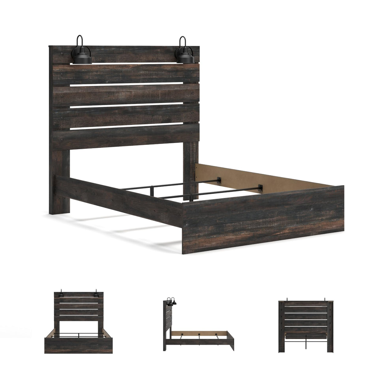 Signature Design by Ashley Drystan Rustic Queen Panel Bed, Sconce LED Lights, USB Ports and Nailheads, Foundation or Box Spring Needed, Dark Brown & Gray Signature Design by Ashley