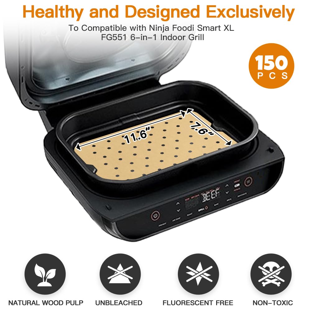 Air Fryer Liners Disposable for Ninja: 150pcs Air Fryer Parchment Paper Liners for Ninja Foodi Smart XL FG551 6-in-1 Indoor Grill Accessories Perforated Rectangle Airfryer Liner Sheets DNSSY