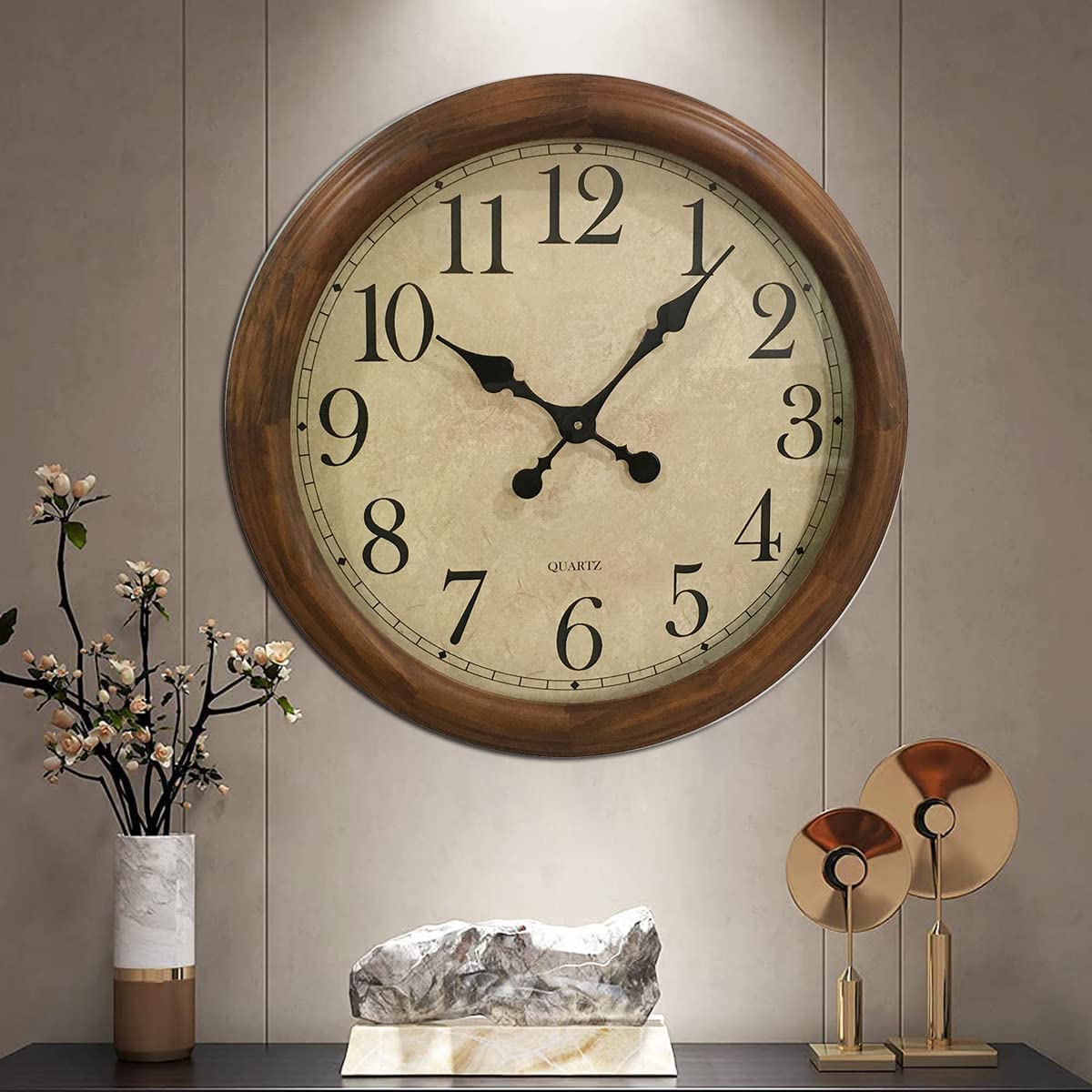 KELAOTE 24-Inch Wood Silent Non-Ticking Battery Operated Decorative Wall Clock for Living Room Decor Large Decorative Clock Oversized (Pine) KELAOTE