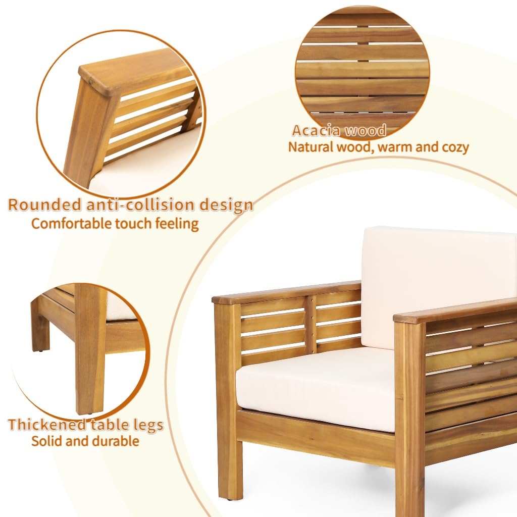 4-Piece Patio Furniture Set: Outdoor Acacia Wood Patio Furniture Set with Loveseat, Sectional Sofa & Coffee Table with Premium Cushions, Durable Conversation Set for Backyard, Garden (4, brown) Usiseem