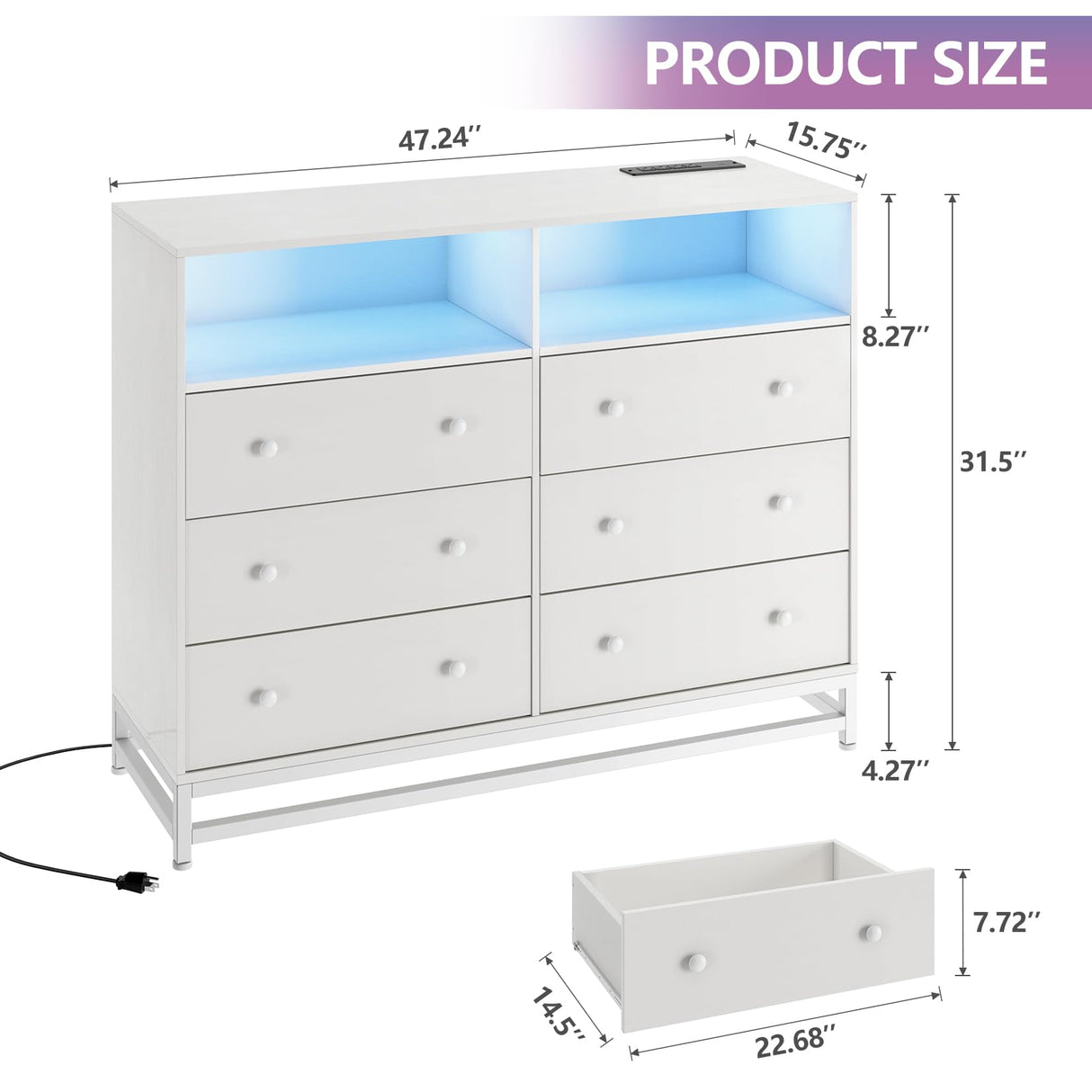 GarveeHome 6 Drawer Double Dresser TV Stand, Bedroom Dresser with Power Outlet & LED Light, Wood Dresser for Room, Hallway, White GarveeHome