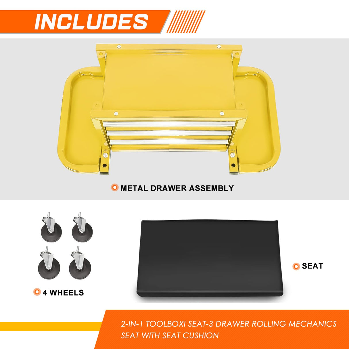 PM PERFORMOTOR 3-Drawer Tool Chest Rolling Mechanic Seat with Tool Trays,350lbs Max Weight Capacity, Yellow,PM-TOL-RST1-YL PM PERFORMOTOR