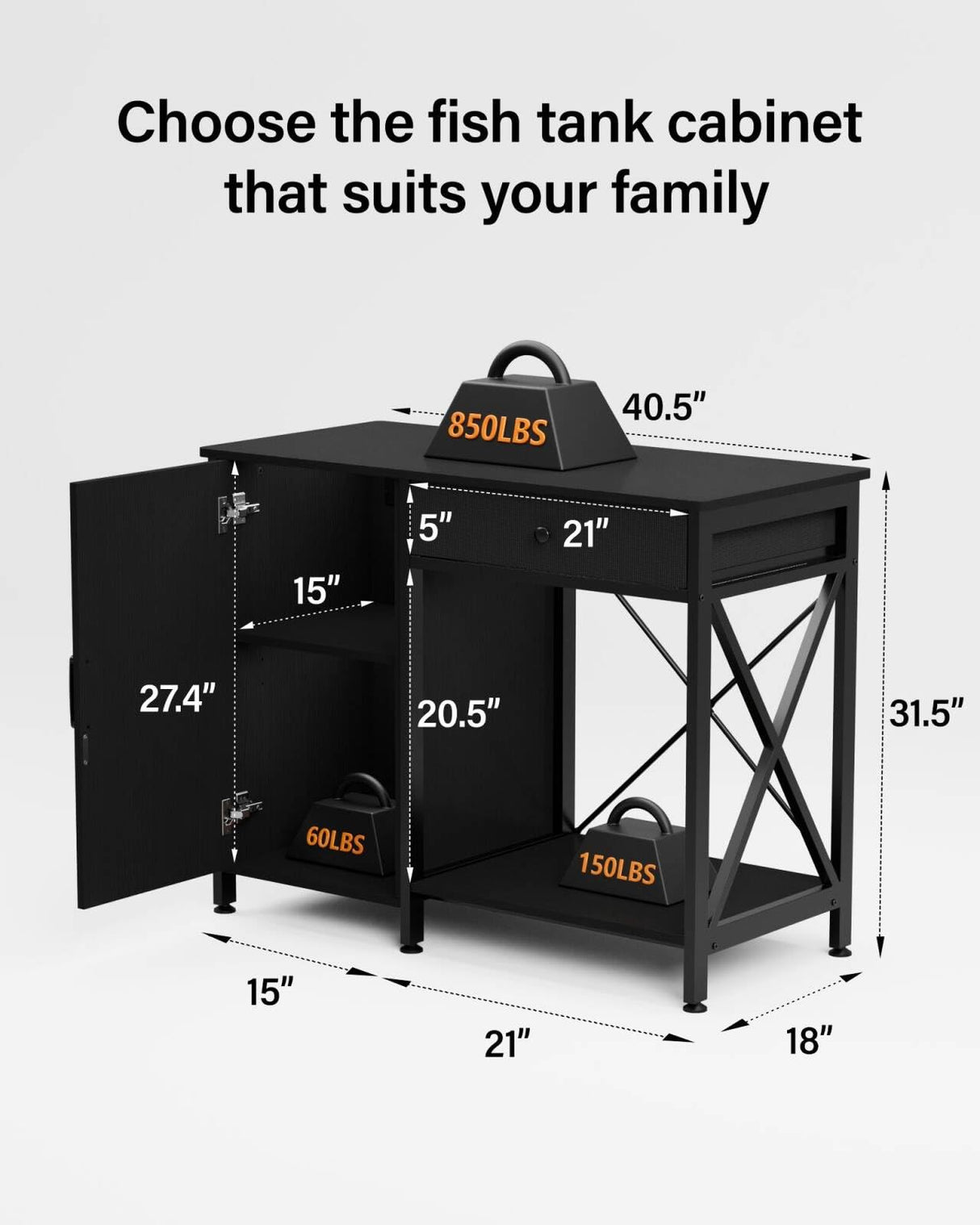 FILKO 40-50 Gallon Fish Tank Stand: Sturdy Aquarium Stand with Storage for 40-50 Gallon Fish Tank - Metal Terrarium Table Cabinet with Power Outlet for Reptile Turtle (40-50 gallon) FILKO