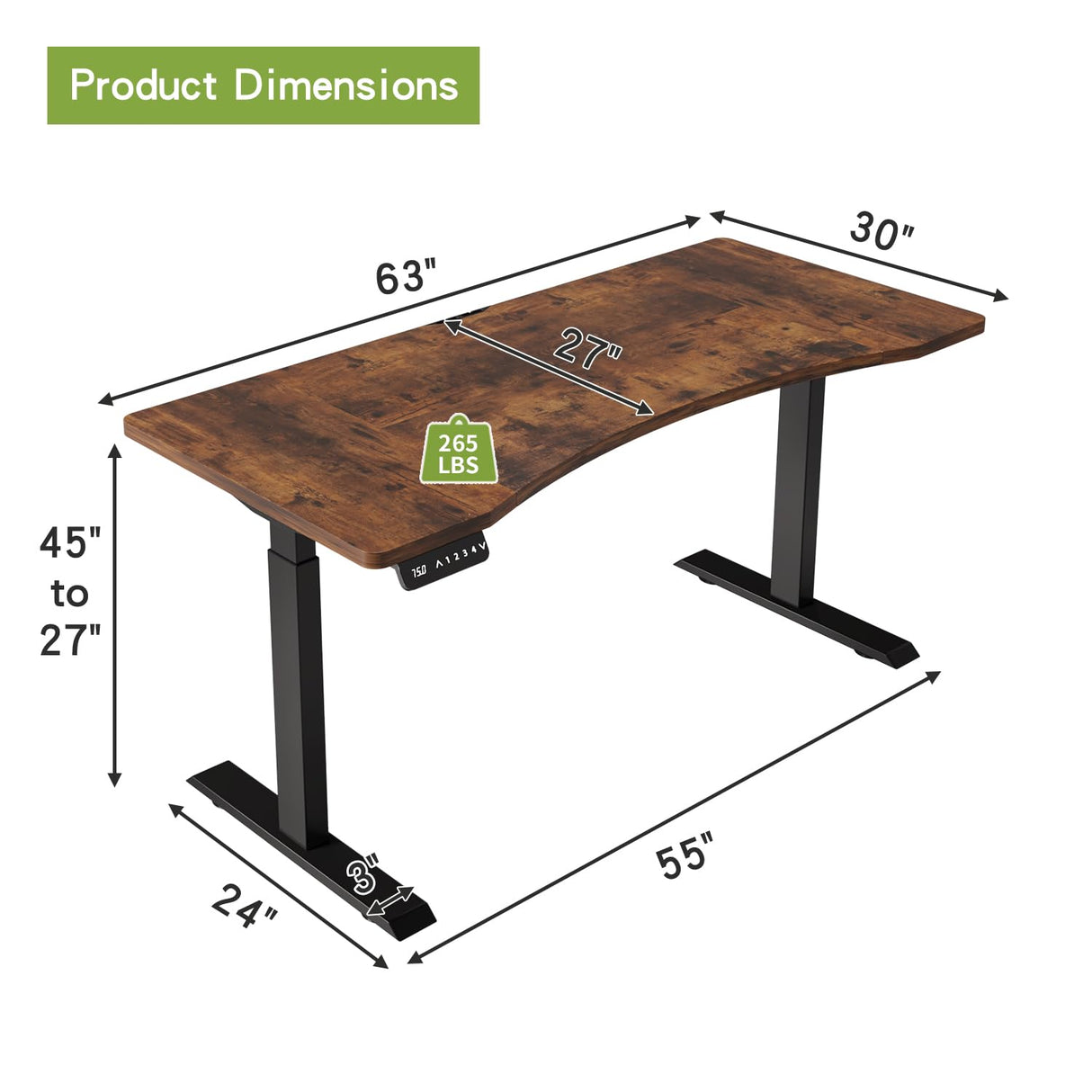 Radlove Dual Motors Height Adjustable 63 x 30 Electric Standing Desk with Curved Design Stand Up Table 4 Memory Keys, Computer Desk with Splice Board Home Office Desk, Brown Top + Black Frame Radlove