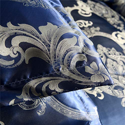 Raytrue-X Comforter Set Satin Silk Blanket All Season Bed Luxury Royal Blue Jacquard Quilt Bedding Sets Matching 2 Pillow Shams (Full/Queen, 88x88 inches, 3 Pieces) Raytrue-X
