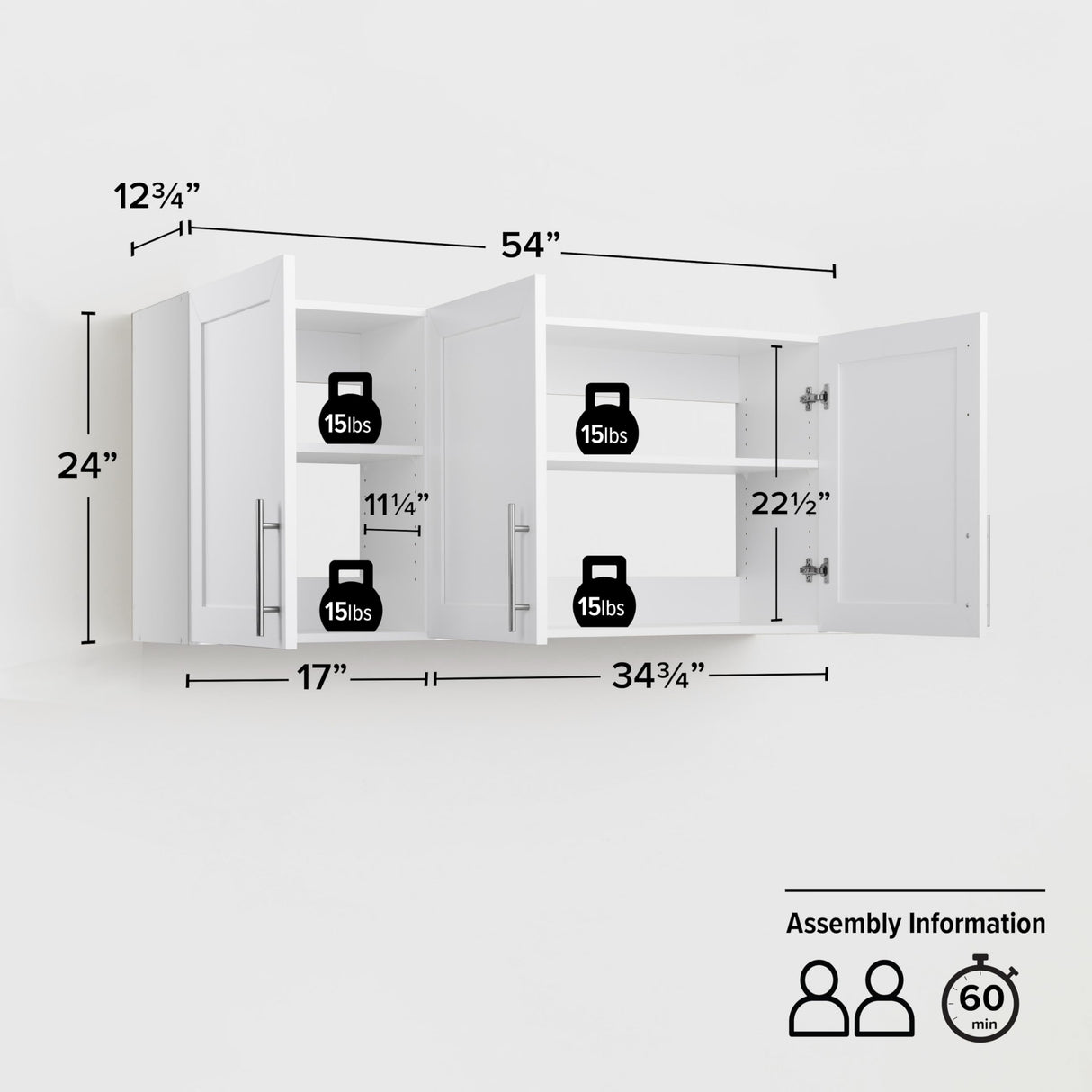 Prepac Elite 54" W Wall Cabinet with Panel Doors, White Storage Cabinet, Bathroom Cabinet, Pantry with 1 Adjustable Shelf 12.75" D x 54" W x 24" H, WSUR-1004-1 Prepac