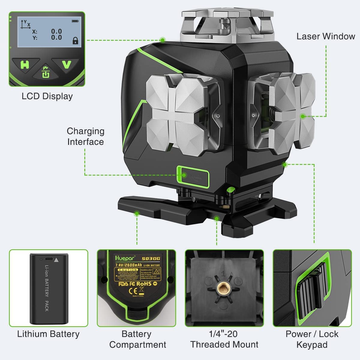 Huepar 16 Lines Self-Leveling Laser Level 4x360° Cross Line Laser with Receiver -LCD Screen, 4D Bluetooth Green Beam Tiling Floor Laser Tool, 360° Huepar