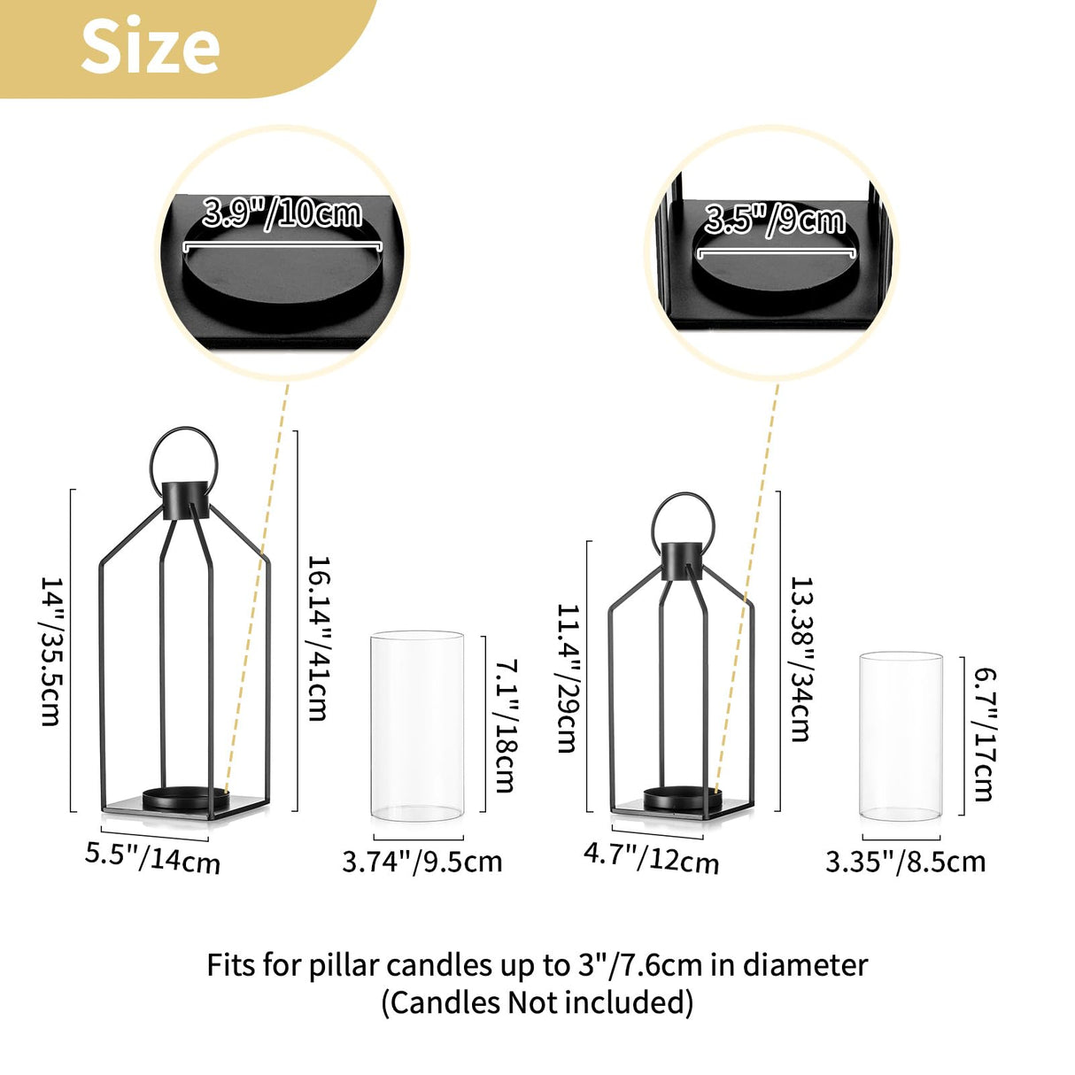 Nuptio Decorative Lantern Candle Holder: 2 Pcs Glass Hurricane Pillar Candles Holders Rustic Black Metal Hanging Lanterns Decor for Outdoor Wedding Farmhouse Home Fireplace Christmas Halloween NUPTIO