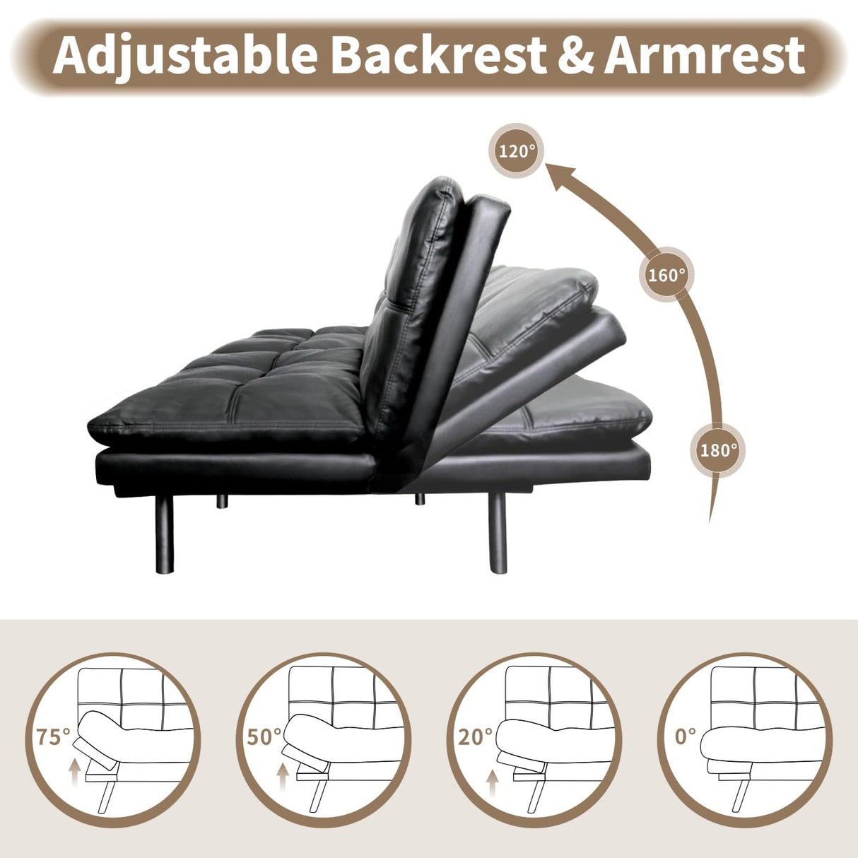 Opoiar 71" Convertible Futon Sofa Bed & Sleeper Couch - Memory Foam Loveseat Sofa with Adjustable Backrest/Armrest for Small Space, Apartment, Living Room - Black Opoiar