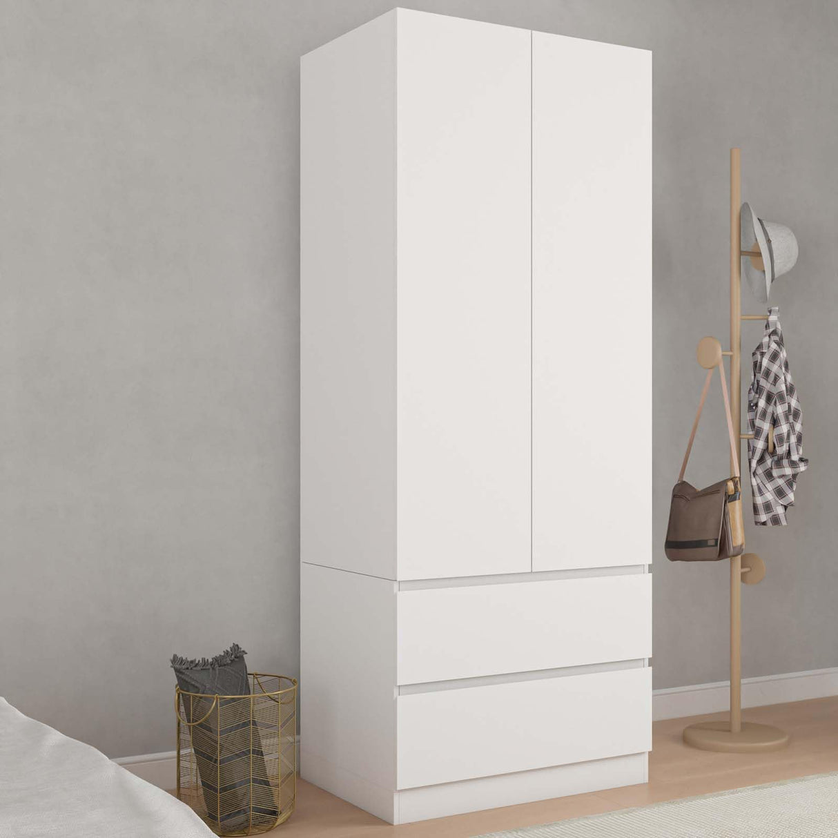 Bobve 78.74'' Armoire Wardrobe Closet with 2 Doors and 2 Drawers, Bedroom Armoire with Hanging Rod, Freestanding Wooden Closet Storage Cabinet, White Bobve
