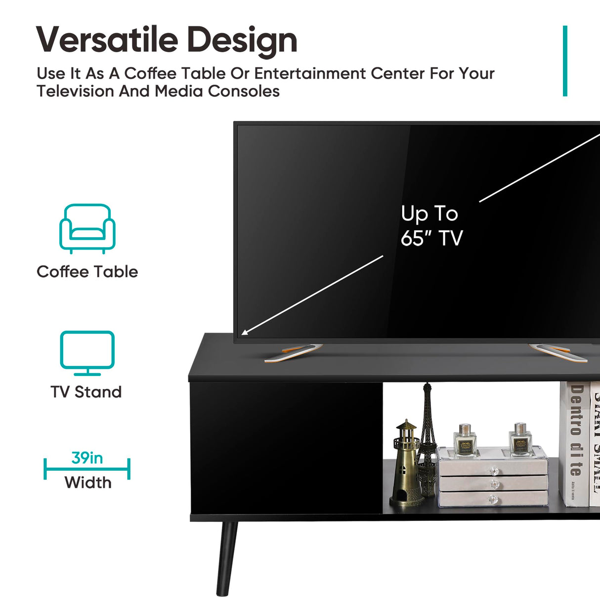 SUPER DEAL 2 Tier Retro Modern Coffee Table with Open Storage Shelf for Living Room, 40 Inch Rectangle Wooden Accent Center Table Sofa Side Table for Indoor Bedroom Apartment Small Spaces, Black SUPER DEAL