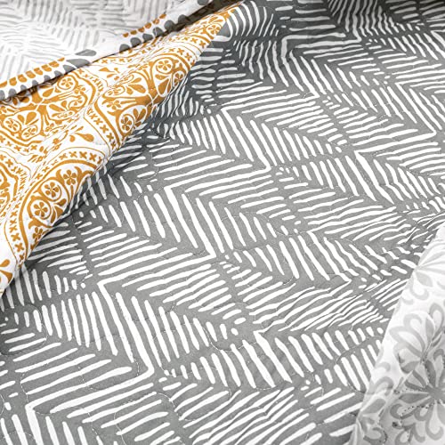 Lush Decor Bohemian Stripe Reversible Cotton Quilt Set, 3 Piece Set, Full/ Queen, Yellow & Gray - Striped Bedding Set - Yellow Quilts Queen Size - Boho Decor Lush Decor
