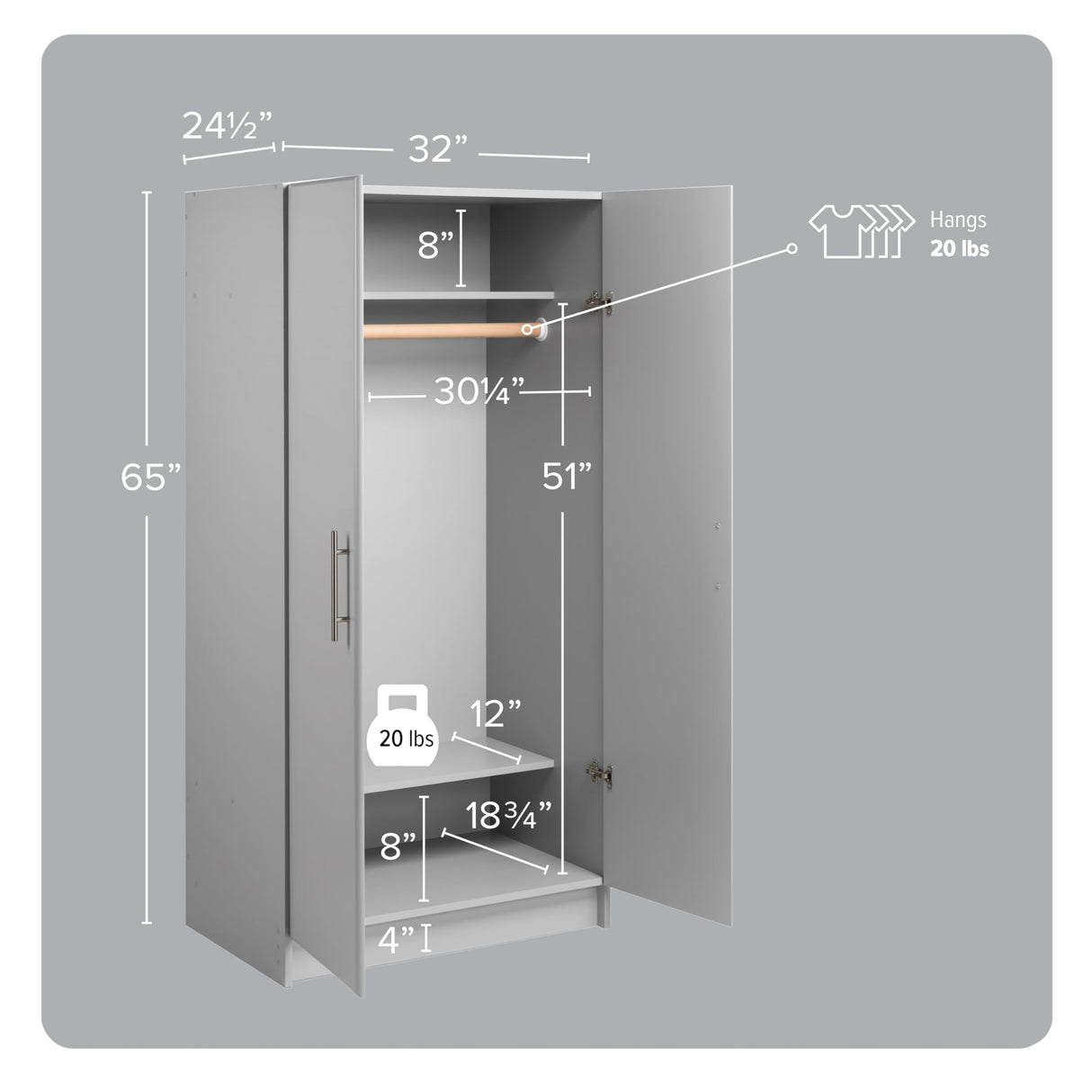 Prepac Elite 32" Storage Cabinet Closet, Light Gray Storage Cabinet with Hanging Rail and Shelves for Living room, Kitchen and Laundry room 24.5" D x 32" W x 65" H Prepac