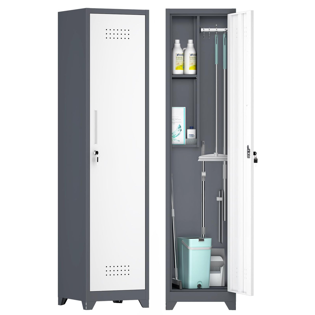 GREATMEET Slim Locking Metal Garage Storage Cabinet, 65" Lockable Utility Closet, Tall Steel Narrow Broom Closet Storage Cabinets with Door and Shelves for Laundry Room, Bathroom, White & Grey GREATMEET