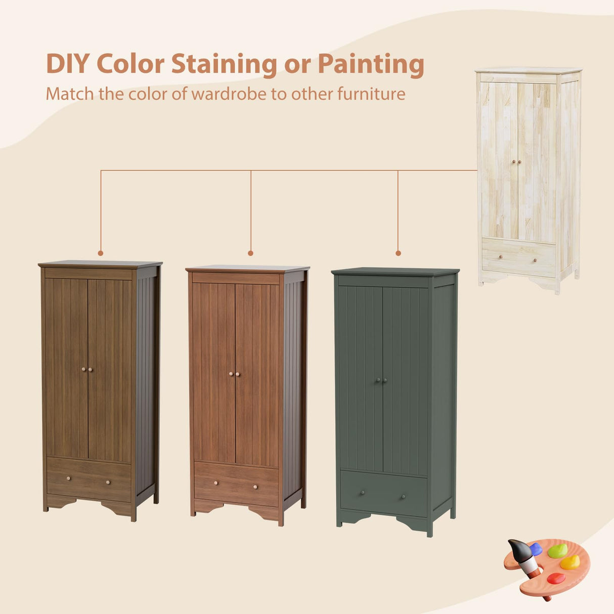 VINGLI Solid Wood Wardrobe Closet, Unfinished Wood Armoire Color DIY, Natural Rubber Wood Wardrobe Closet with Doors and Drawers, Real Wood Wardrobe Closet for Hanging Clothes, Wooden Wardrobe Cabinet VINGLI