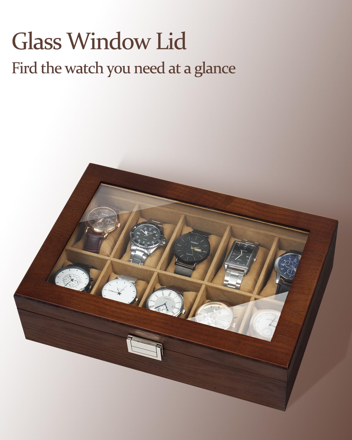 GUKA Watch Box, 10 Slot Watch Case with Real Glass Lid, Wood Watch Display Case with Cloth Watch Pillow, Watch Storage Box for Men and Women, Brown GUKA