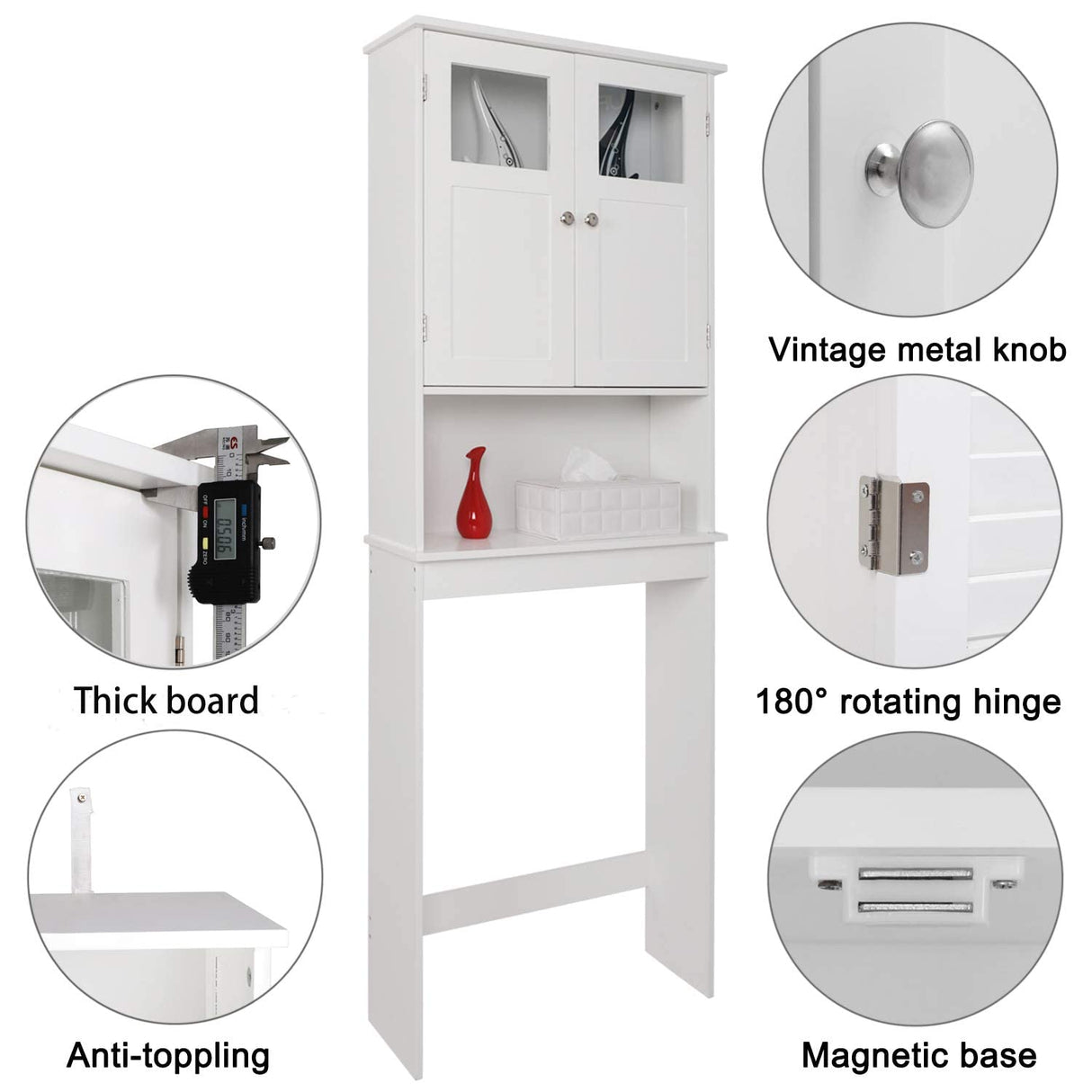Bonnlo Over The Toilet Storage Cabinet with Adjustable Shelf White Bathroom Floor Organizer Space Saver with Double Doors, 67" Height Bonnlo