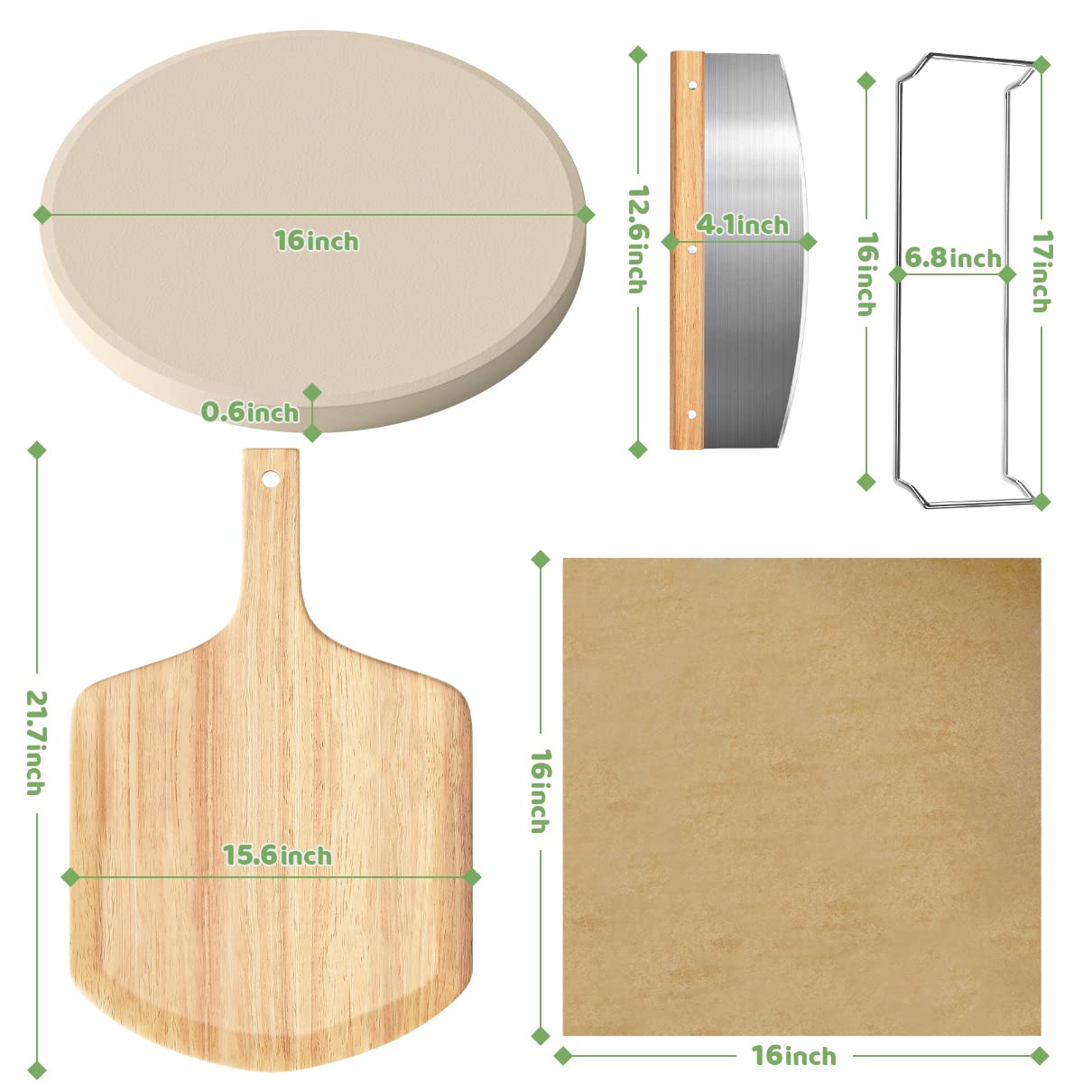 5 PCS Large Pizza Stone Set,Heavy Duty 16" Pizza Stone for Oven and Grill with Handle Rack,Pizza Peel(OAK), Pizza Cutter Rocker & Cooking Paper,Large Baking Stone for Pizza, Bread Gyreuni