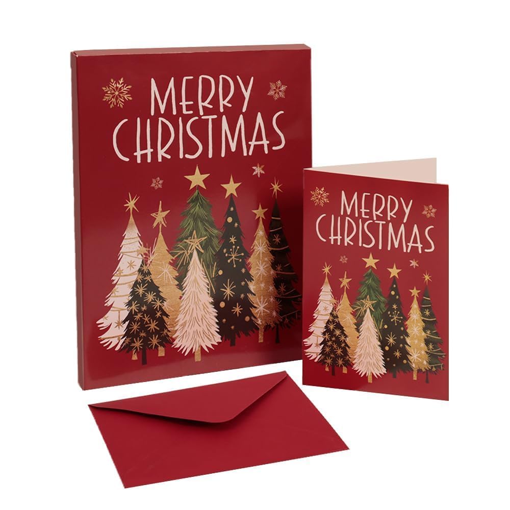 GEEORY Boxed Christmas Tree Cards,4" x 6",Red and Gold Snowflake Holiday Greeting Cards (24 Cards with Envelopes) GEEORY