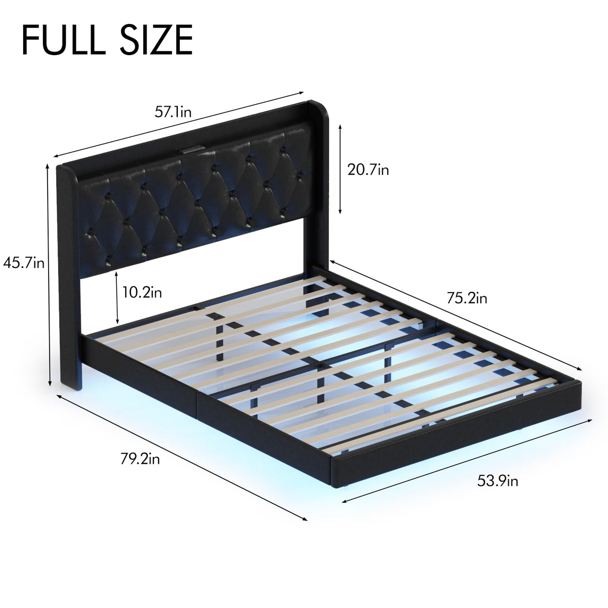 Full Size Floating Bed Frame with LED Lights, Upholstered PU Leather Platform Bed with Charging Station & Button Tufted Headboard Storage, No Box Spring Needed, Black Halitaa