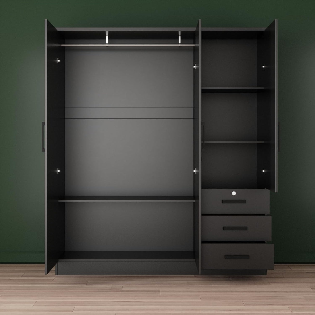 Jumbo 61" Wardrobe Large Mirror Door Closet 3 Doors and 3 Drawers Built for Storage Woodpeckers Furniture And Mattress