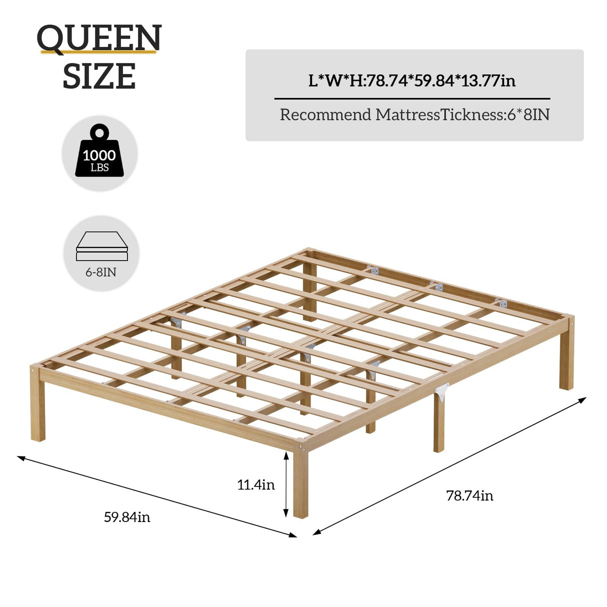 Bamboo Bed Frame Queen Size Wood Platform Bedframe Solid Stable with Non-Slip Slats Support Tall Bed No Box Spring Needed Heavy Duty Easy Assembly Noise Free Nature bambooflow