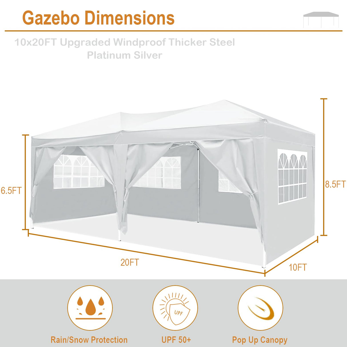 ONUUNPY 10x20 Pop Up Canopy with 6 Removable Sidewalls,Portable Instant Commercial Canopy,Beach Sun Shelter Waterproof Outdoor Tent with 6 pcs Weight Bag,Carry Bag, Platinum Silver ONUUNPY