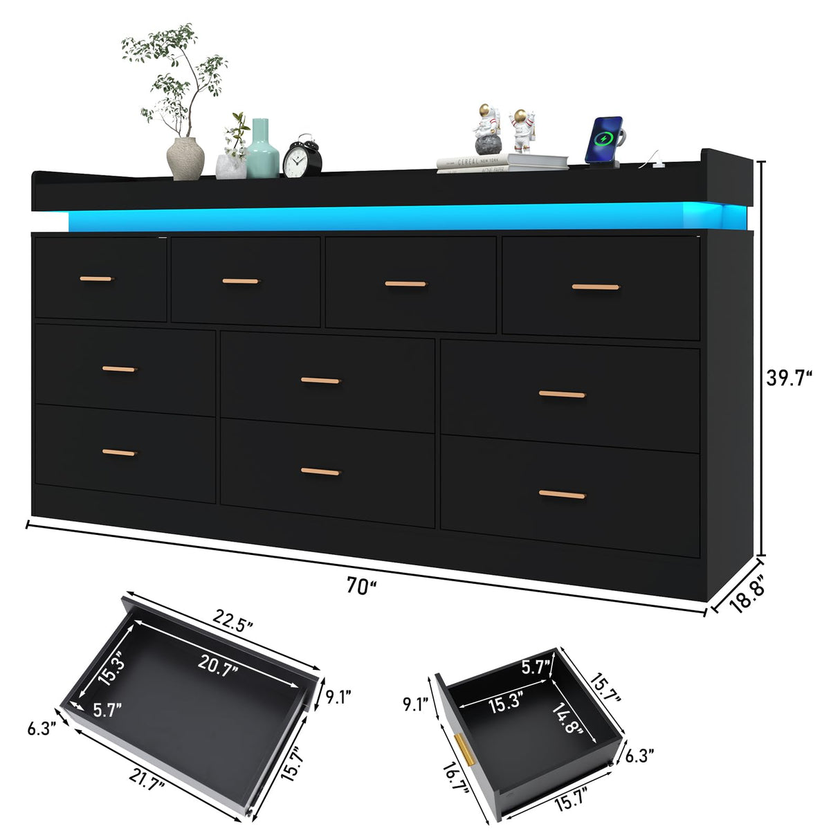 Hlivelood 10 Drawer Dresser with LED Light and Charging Station, Modern Chest of Drawers for Closet, Wide Drawer Organizer Cabinet, Living Room, Entryway, Hallway, Black Hlivelood