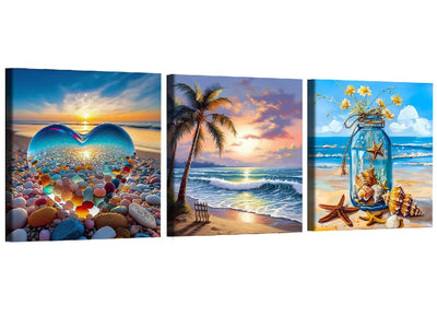 AIBOERL 3 Pack Beach Scenery Diamond Art Kits for Adults,Beach Diamond Painting Kits for Beginner, DIY Round 5D Full Drill Diamond Dots Crafts for Home Wall Decor Gifts 12x12Inch
