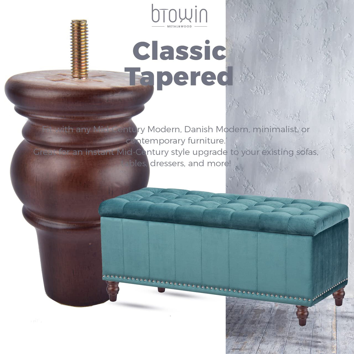 Btowin 4 inch Solid Wood Furniture Legs, 4Pcs Wooden Turned Bun Feet with Threaded 5/16'' Hanger Bolts & Mounting Plate & Screws for Sofa Couch Chair Ottoman Loveseat Btowin