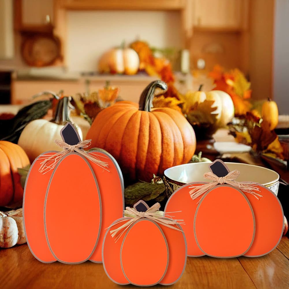 IDATOO Thanksgiving Decorations for Home, 3PCs Rustic Fall Decor Wooden Pumpkin Tabletop Sign Block Set, Autumn Tiered Tray Décor for Halloween Farmhouse Harvest Mantel Table Centerpiece (Rustic) IDATOO