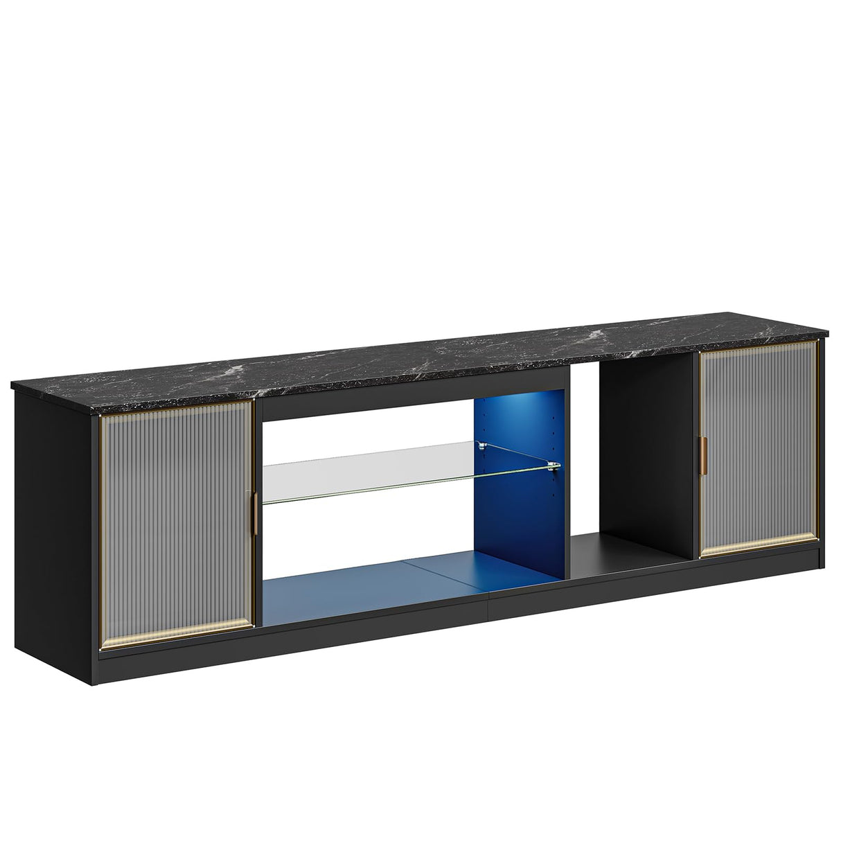 Bestier Gaming TV Stand for TVs up to 80 inch, 70 inch LED Entertainment Center with Adjustable Glass Shelf & Translucent Doors Storage Cabinet for PS5, Modern TV Console for Living Room, Black Marble Bestier