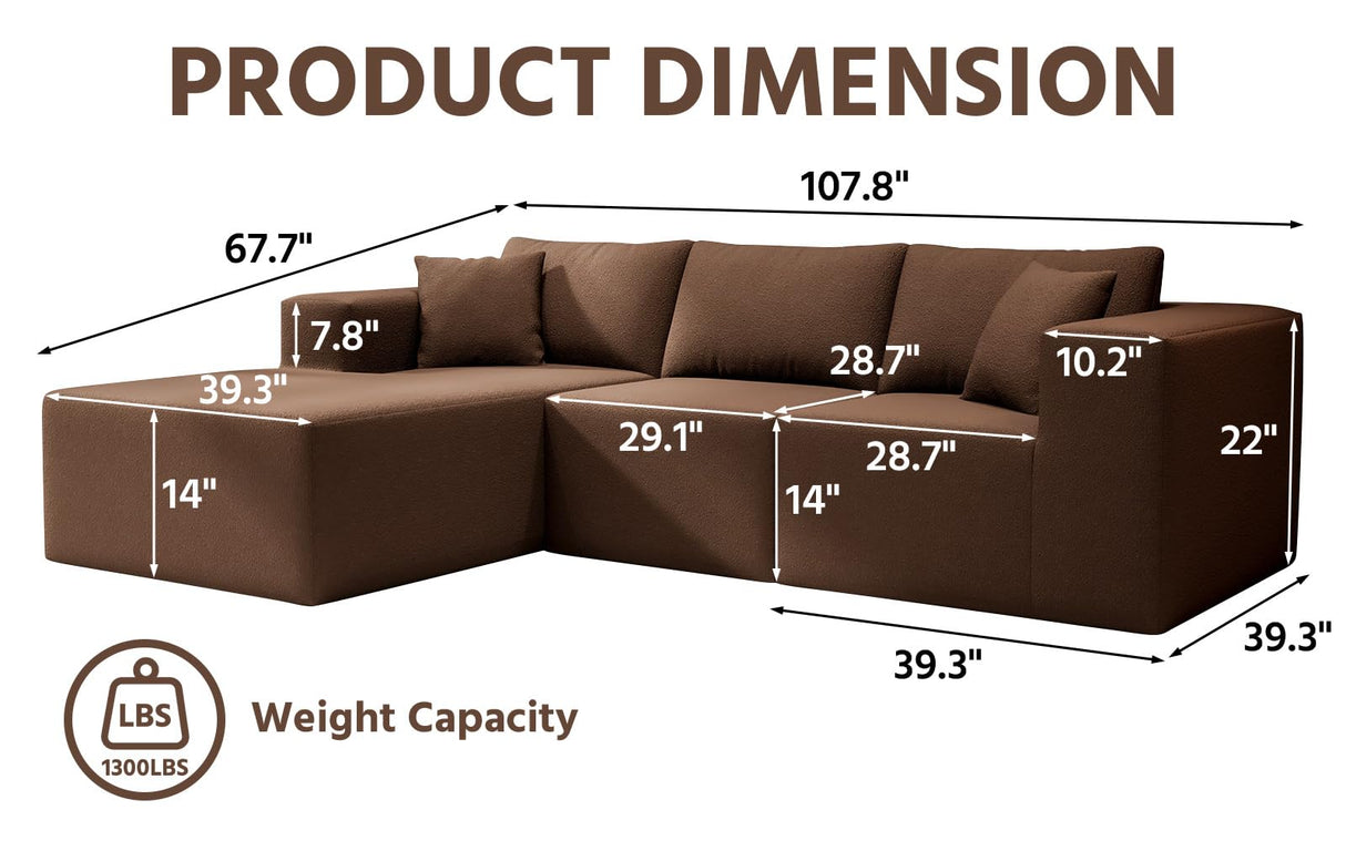 108" Cloud Sectional Couch with L-Shape Chaise,4 Seat Modern Modular Sofa with Deep Seat, Upholstered Couches for Living Room Bedroom, Sectional Boneless Couch (Coffee, 108"+Left Facing Chaise) SYFERLORY