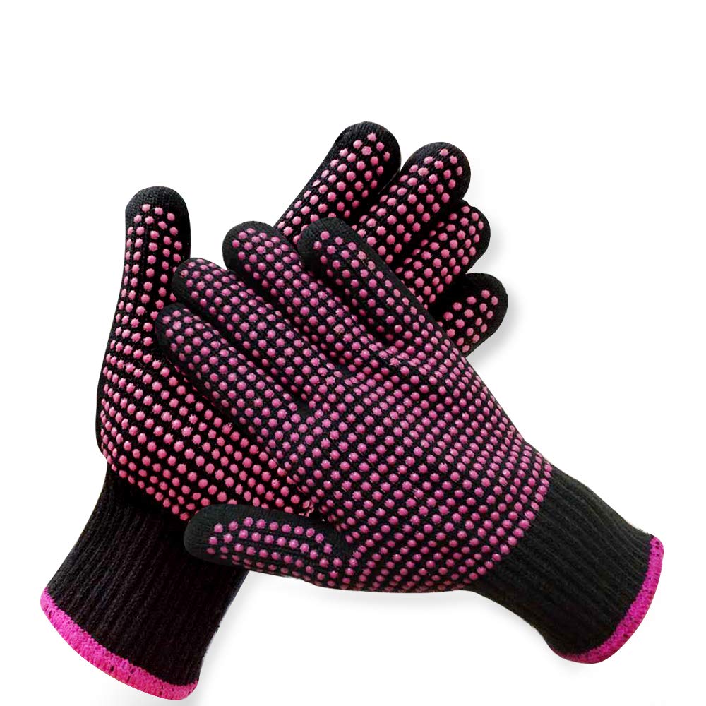 AFT90 2 Pcs Professional Heat Resistant Glove for Hair Styling Heat Blocking Gloves for Curling, Flat Iron and Hair Styling Tools, Silicone Bump, Pink Edge AFT90