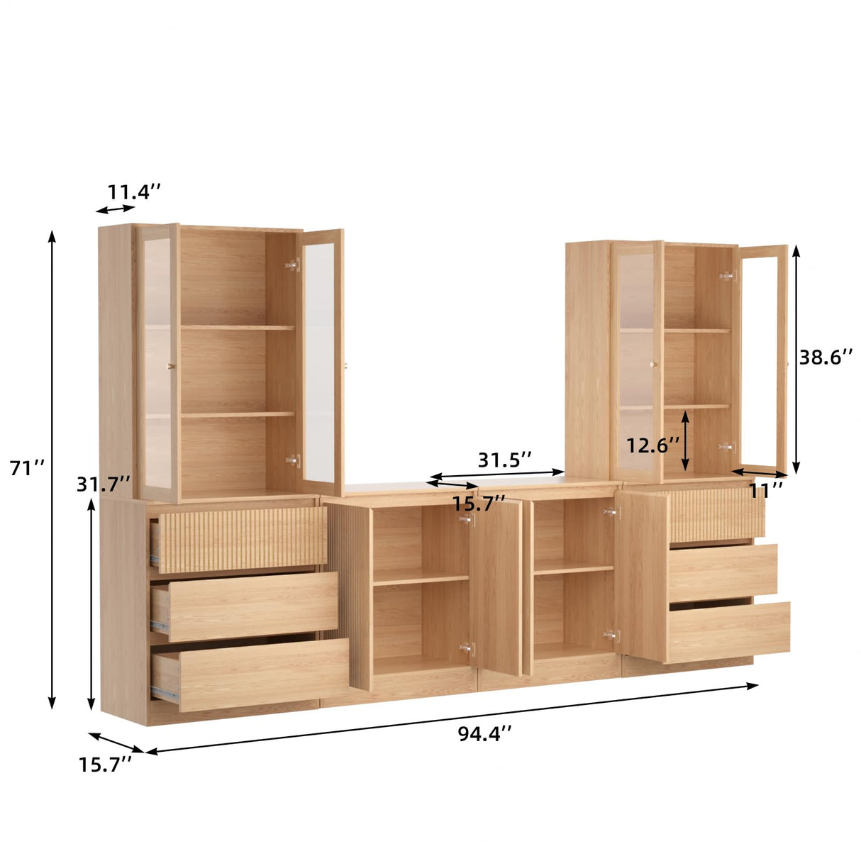 TUSY 4-Piece Large TV Stand with Bookshelves for TVs up to 75", TV Hutch with Tempered Glass Doors and Shelves, TV Entertainment Center Media Center with 2 Tall Cabinets for Living Room (D+2G+D) TUSY