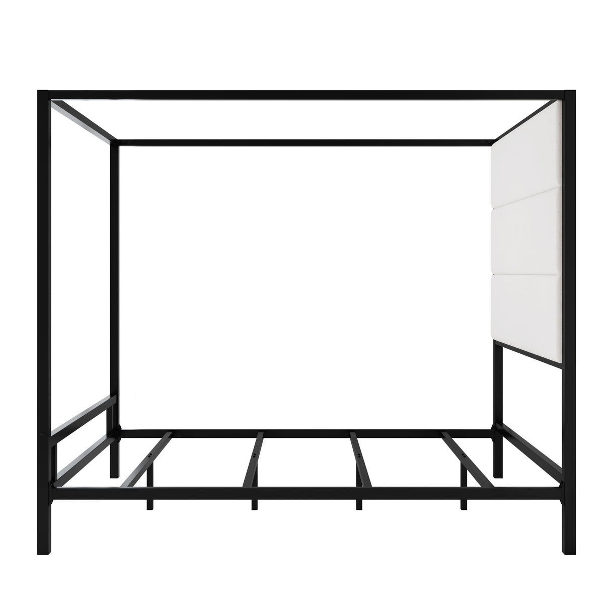 Merax Queen Size Modern Canopy Bed Frame, with Tall Linen Fabric Upholstered Headboard Metal 4-Poster, Box Spring Needed, Black + White Merax